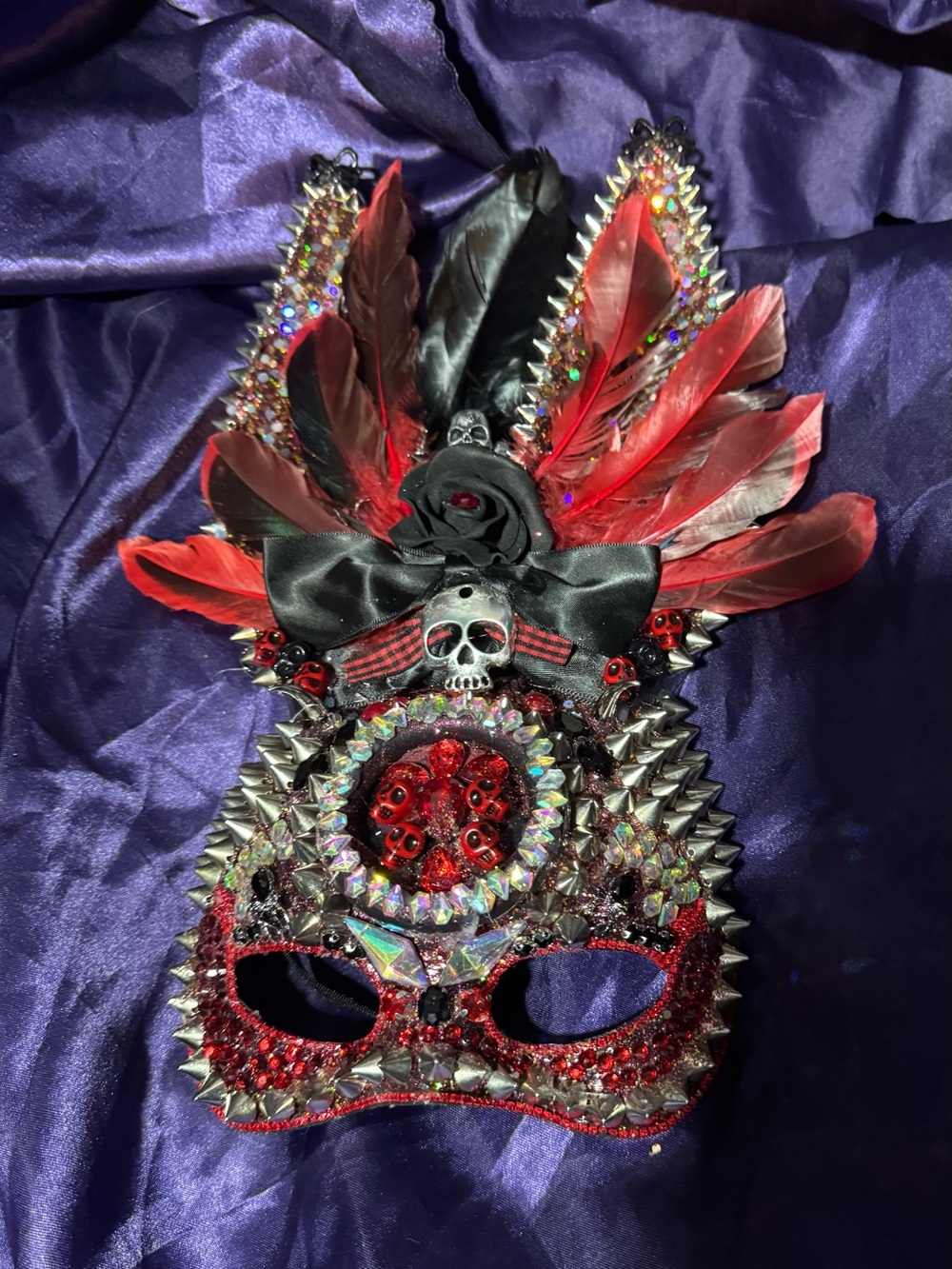 Red & Black Feathered Rhinestone rabbit Masquerade Mask